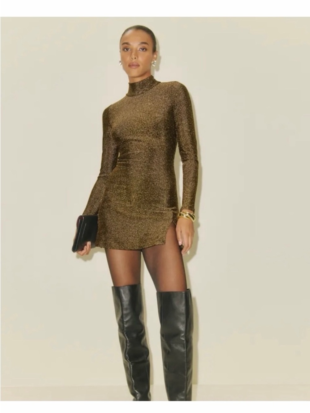 REFORMATION Hermia Gold Mini Bodycon Dress Size Medium M Metallic Stretch - Picture 2 of 16